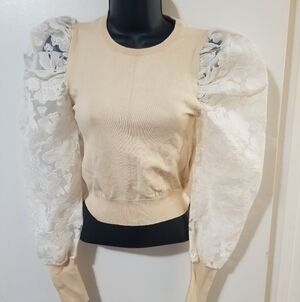 Zara Beige Lace Puff Sleeve Top Floral Organza S